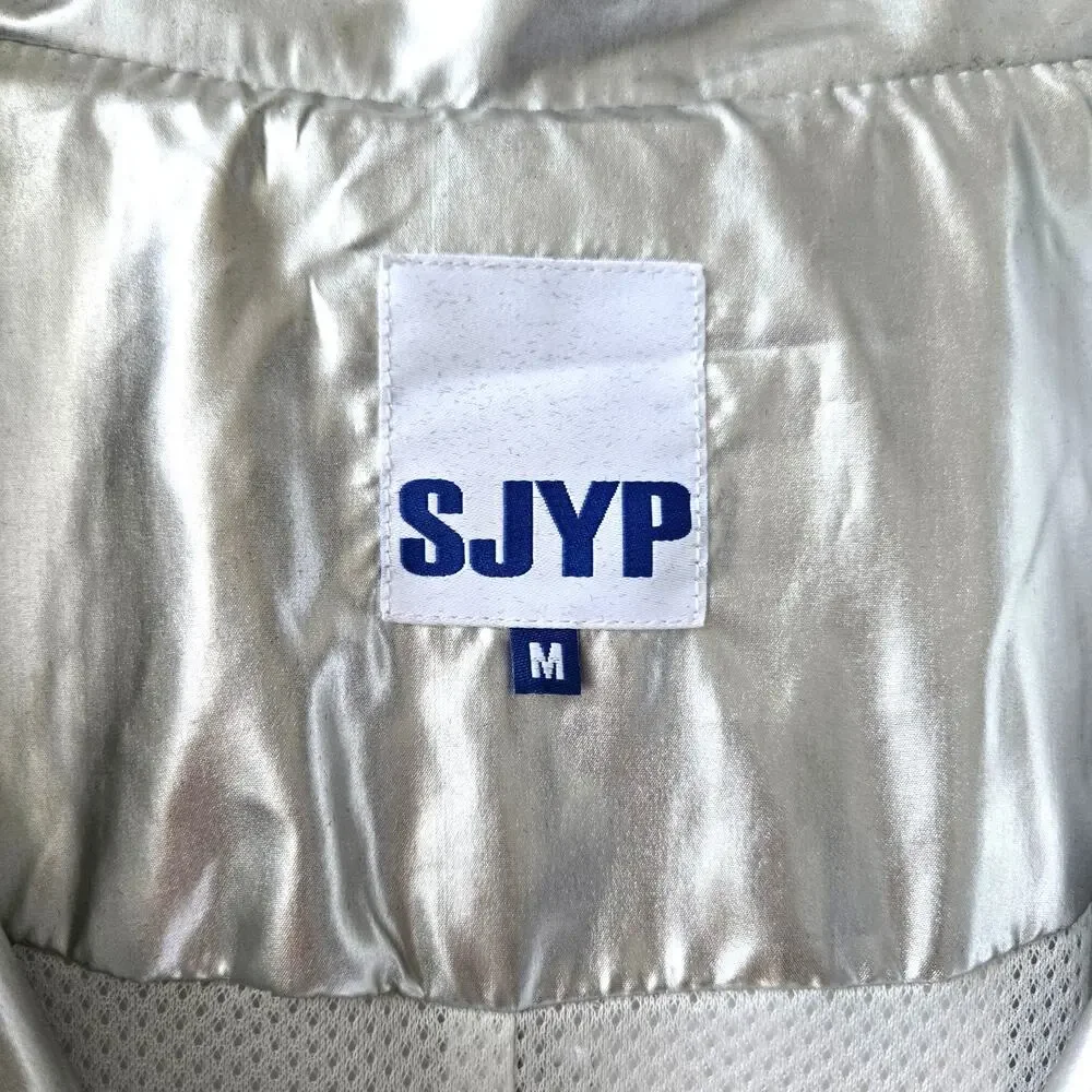 SJYP Silver Long Metallic Raincoat Hooded Womens Size Medium Korean Brand Edgy